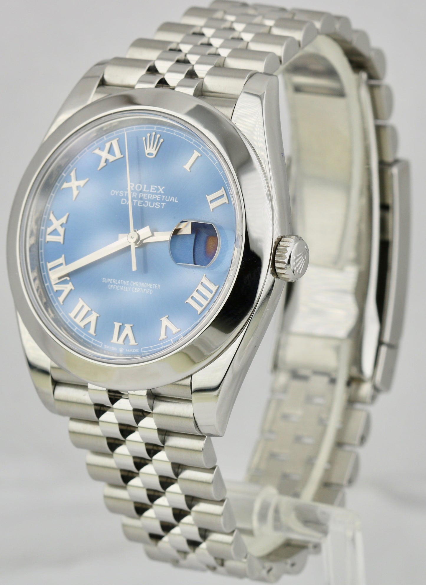 2022 Rolex DateJust 41mm Azzurro Blue Roman JUBILEE Stainless Steel Watch 126300