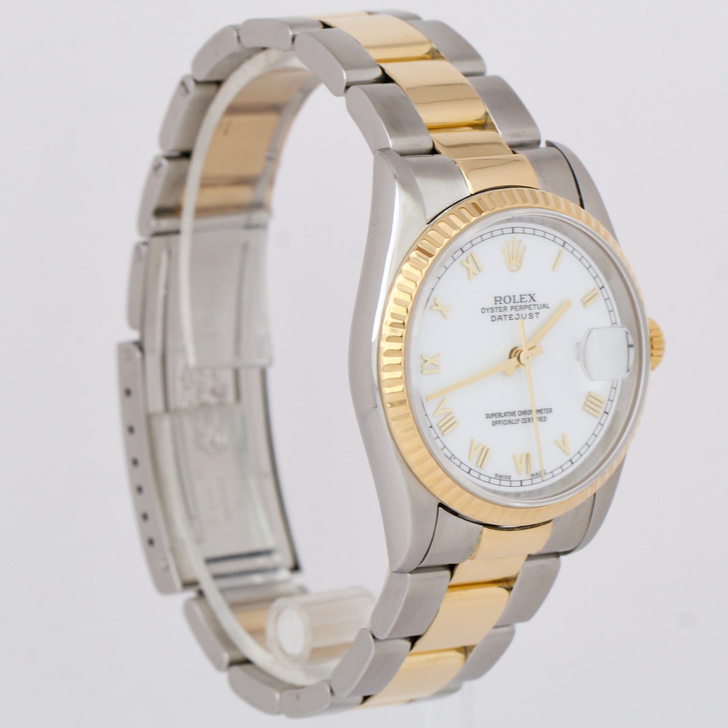 MINT 1998 Rolex DateJust 36mm White Dial Roman Two-Tone 18K Gold Watch 16233 BP