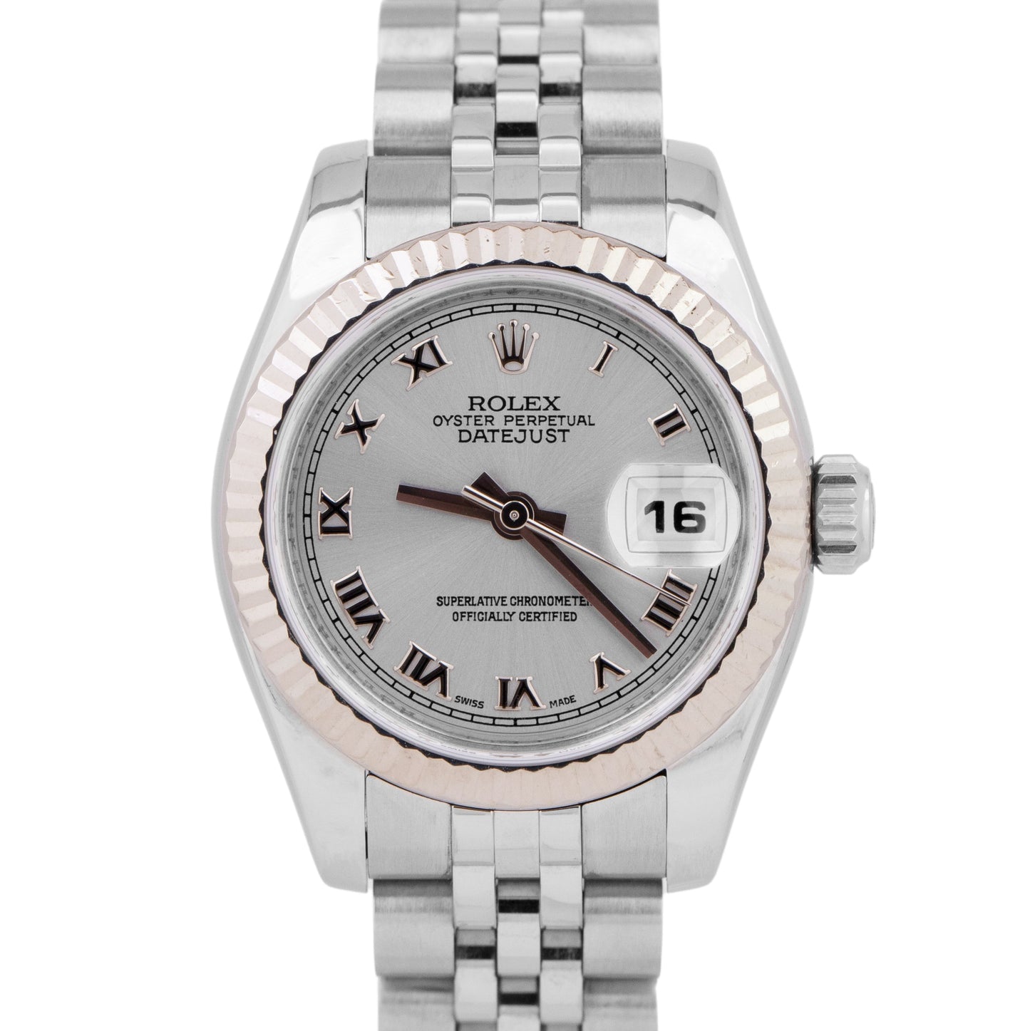 Ladies Rolex DateJust PAPERS 26mm Silver White Gold Jubilee Watch 179174 B+P
