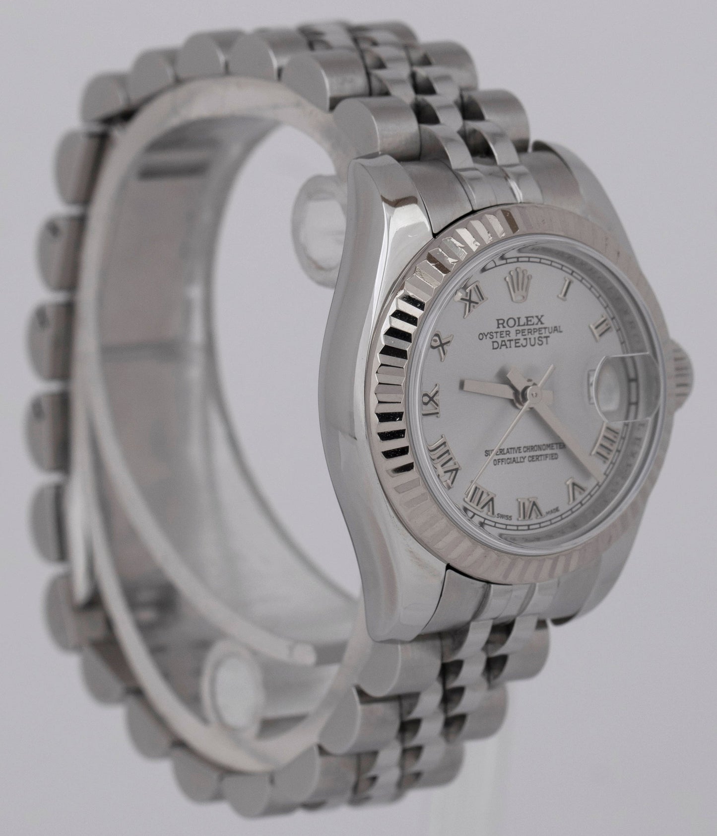 Ladies Rolex DateJust PAPERS 26mm Silver White Gold Jubilee Watch 179174 B+P