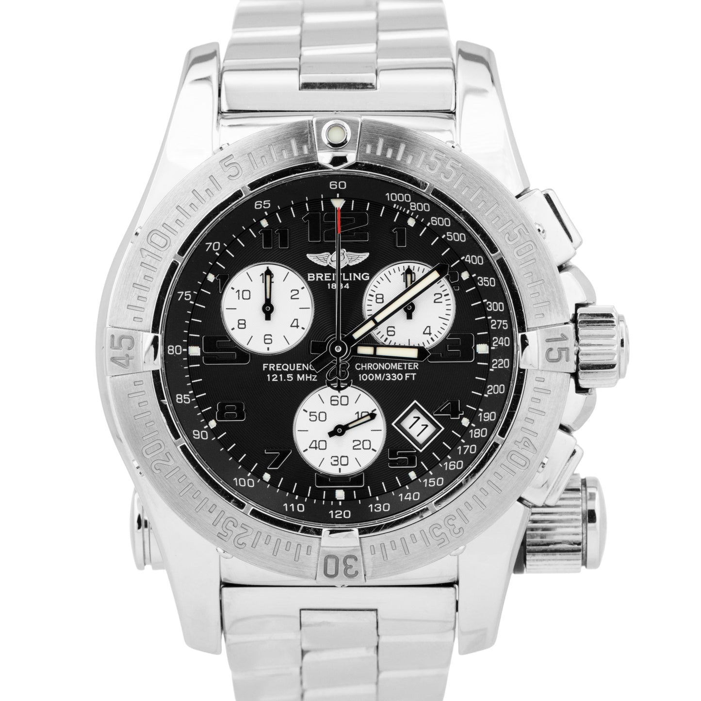 Breitling Emergency Mission Chronograph Stainless Black 45mm Watch A73322 BOX