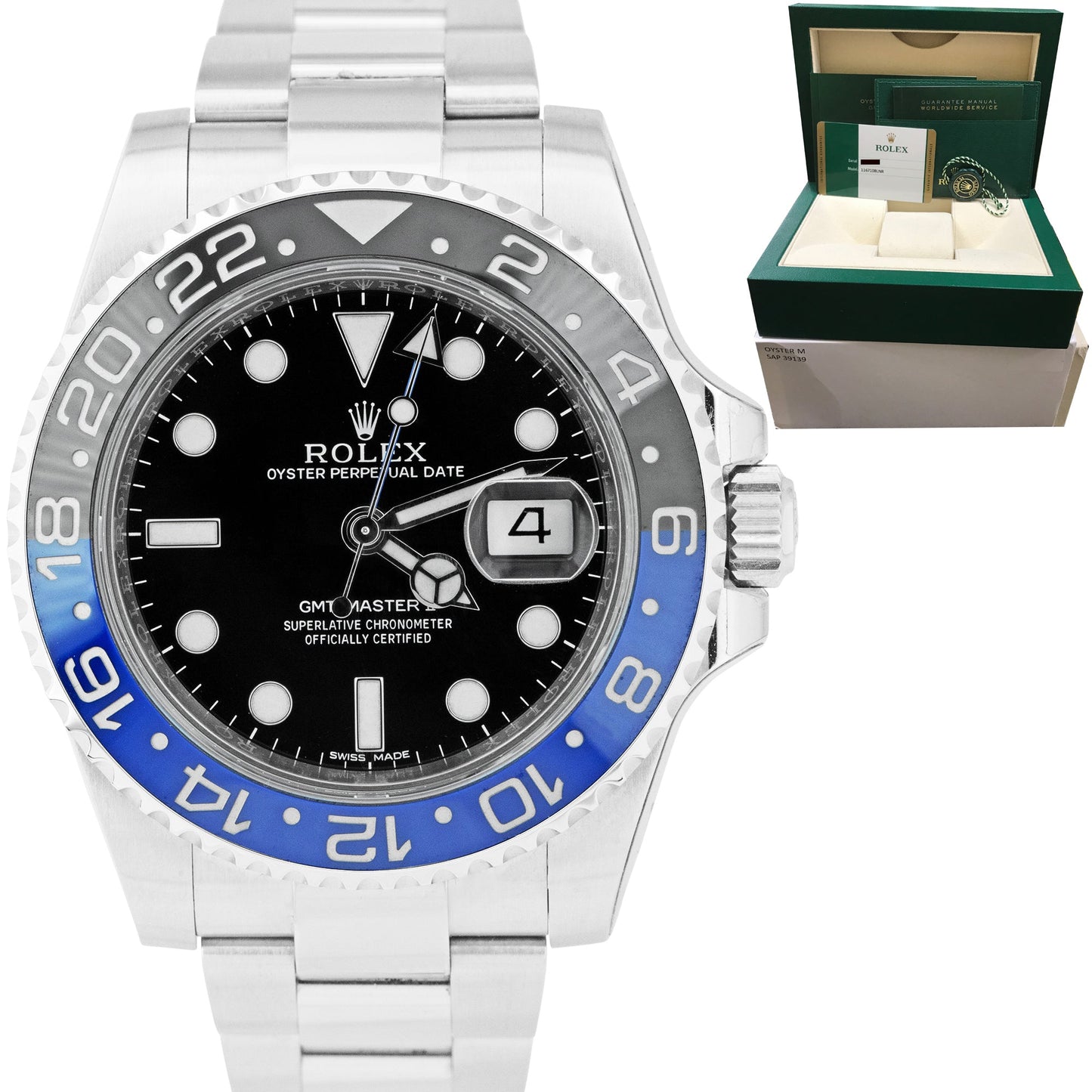 STICKERED 2014 Rolex GMT-Master II Batman Blue Black 40mm Watch 116710 BLNR B+P