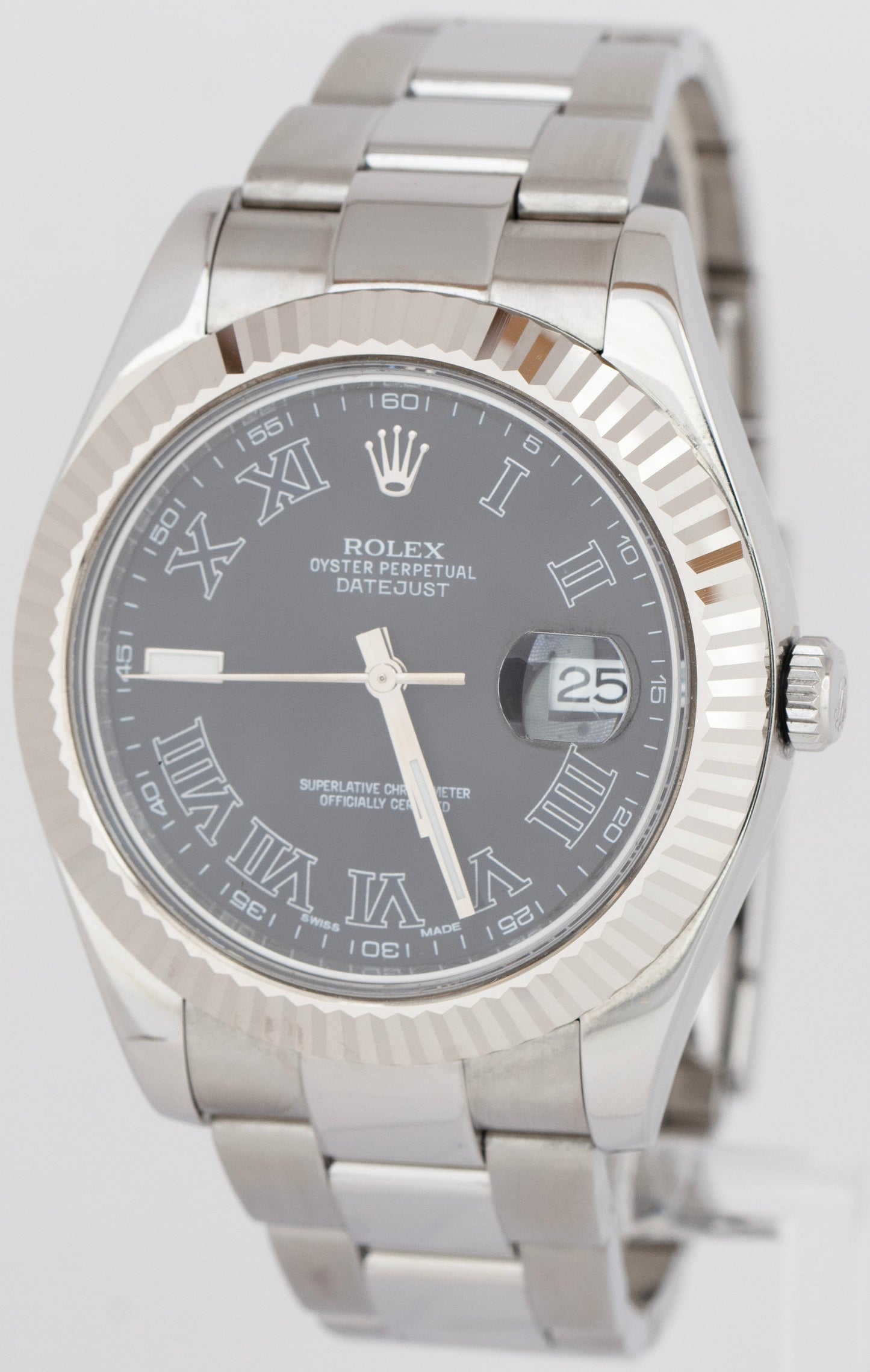 Rolex DateJust II Gray Black Roman Dial 41MM Steel 18K White Gold Watch 116334