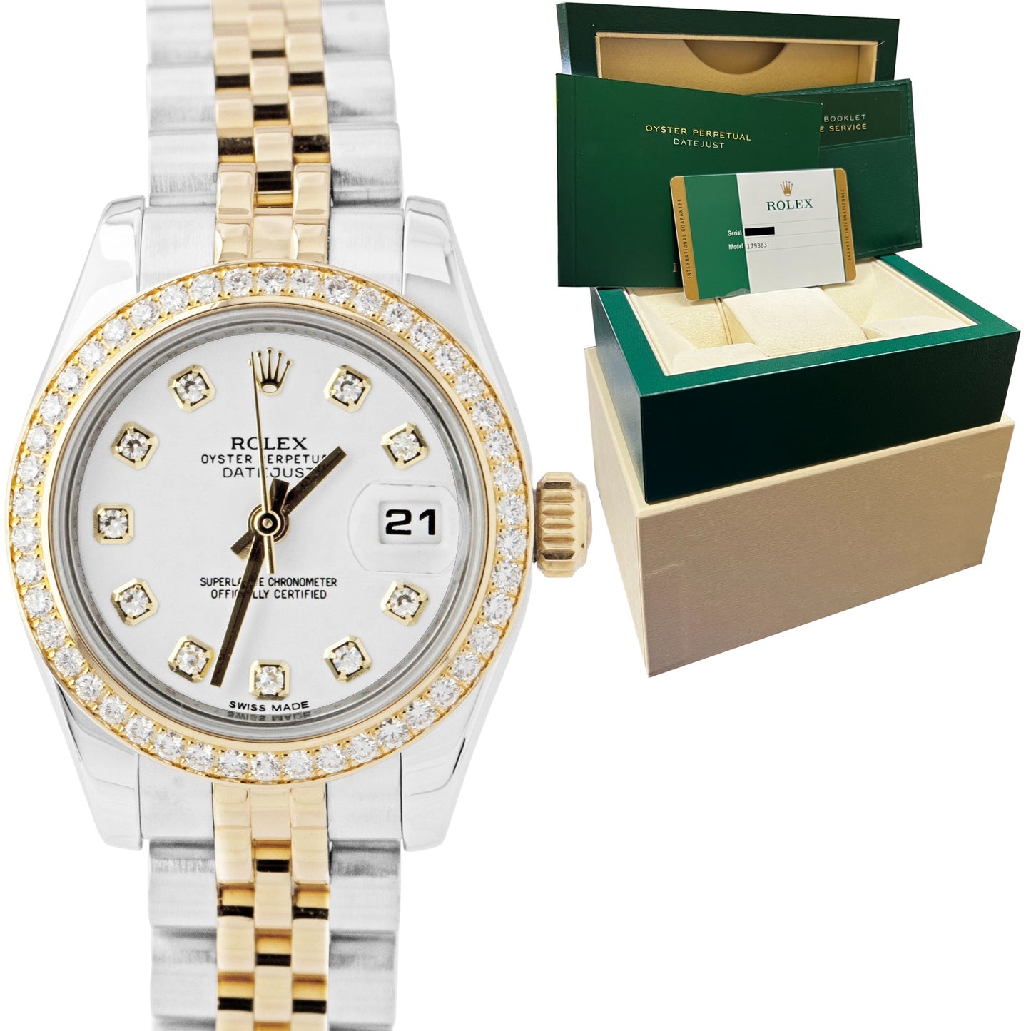 Ladies Rolex DateJust 26mm Two-Tone Gold White DIAMOND Dial Jubilee Watch 179383