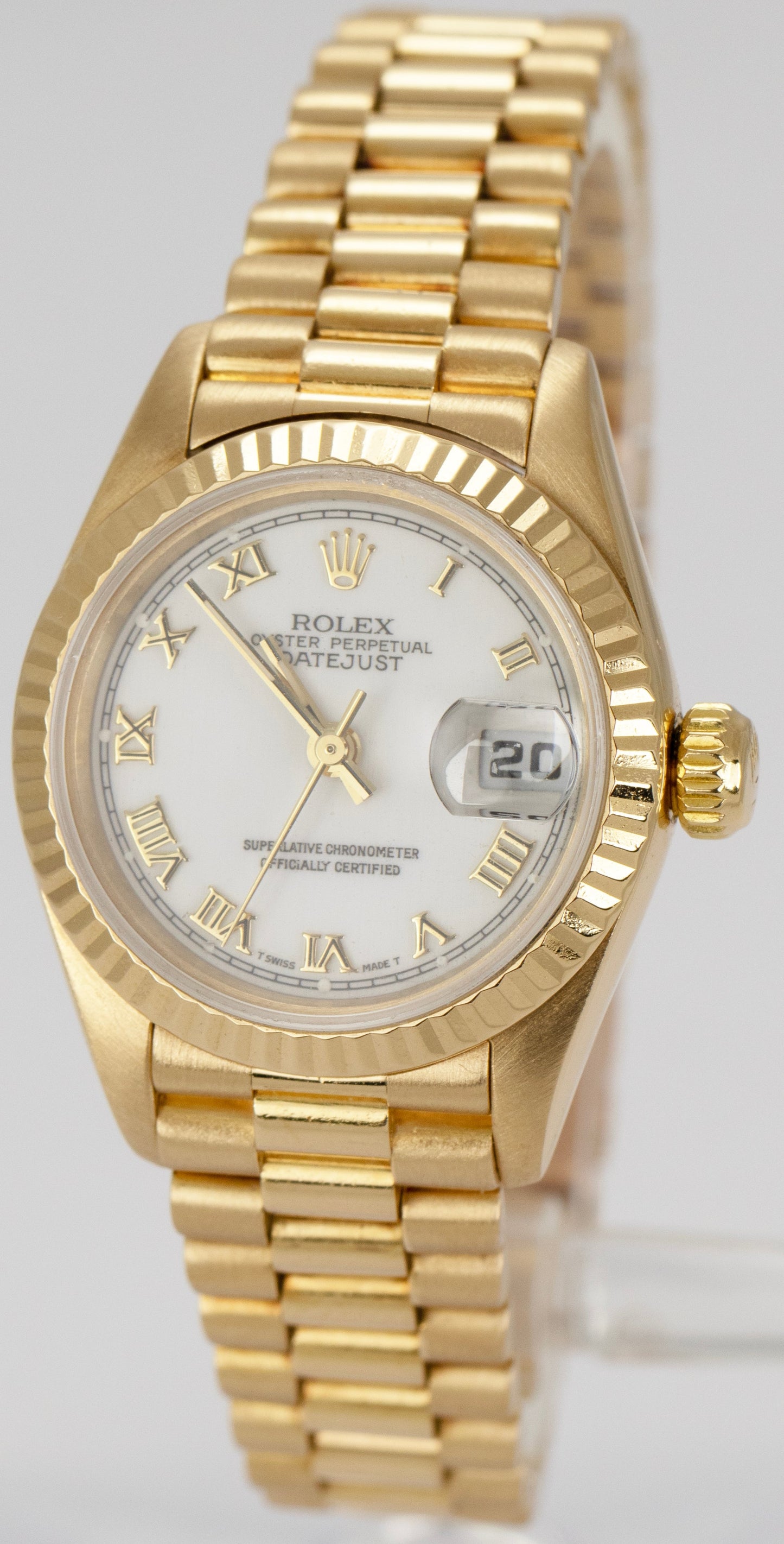 Ladies Rolex DateJust President 26mm White Roman 18K Yellow Gold Watch 69178