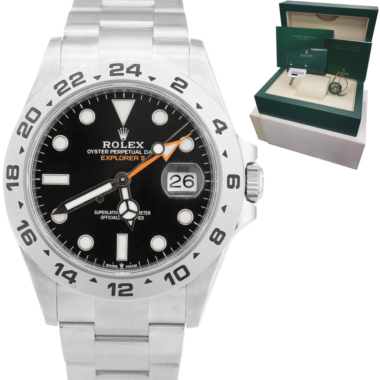 NEW AUG 2022 Rolex Explorer II 42mm Black Orange Stainless GMT Date Watch 226570