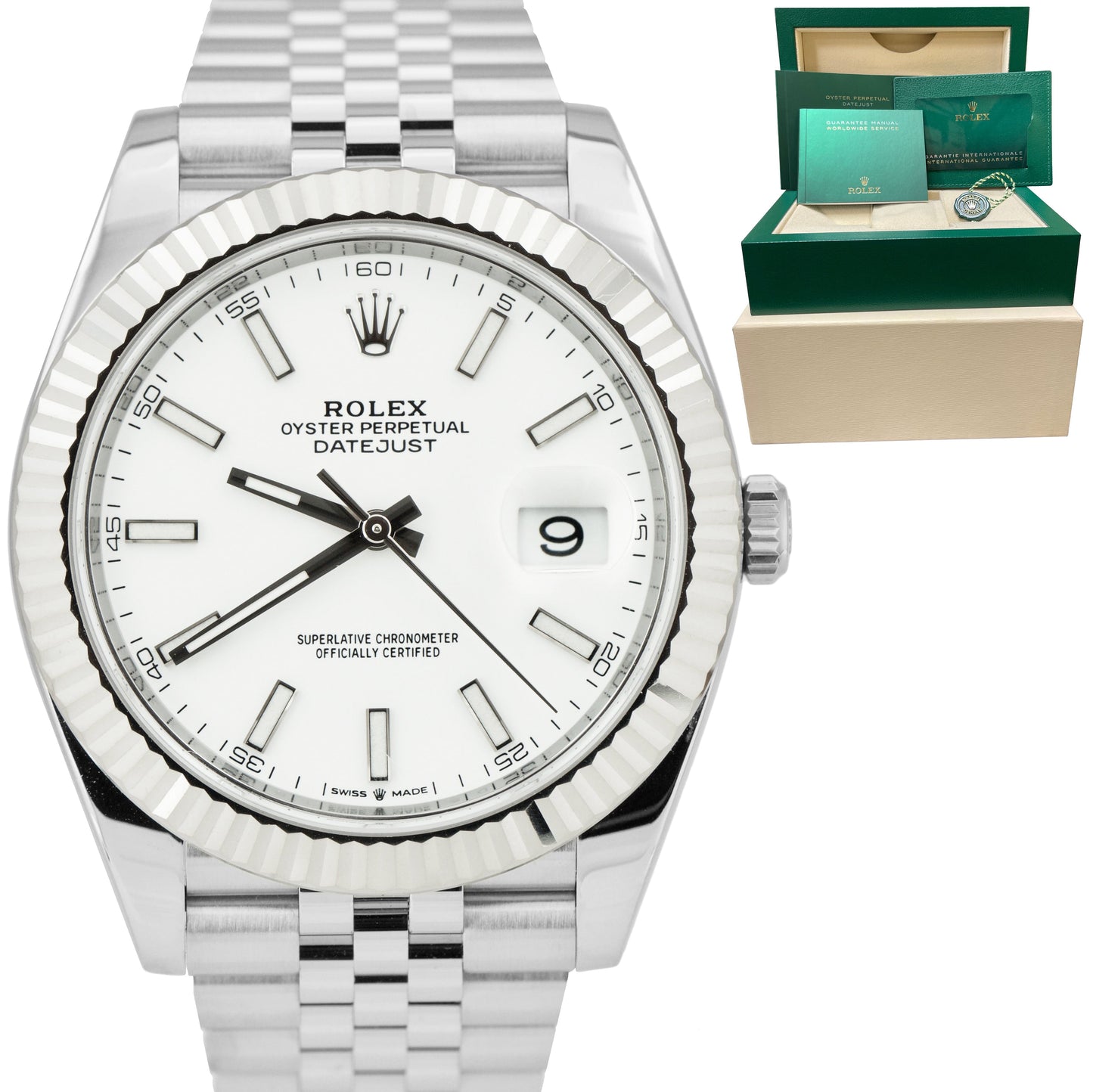 2022 Rolex DateJust 41 126334 White Stainless Fluted Jubilee 41mm Watch BOX CARD