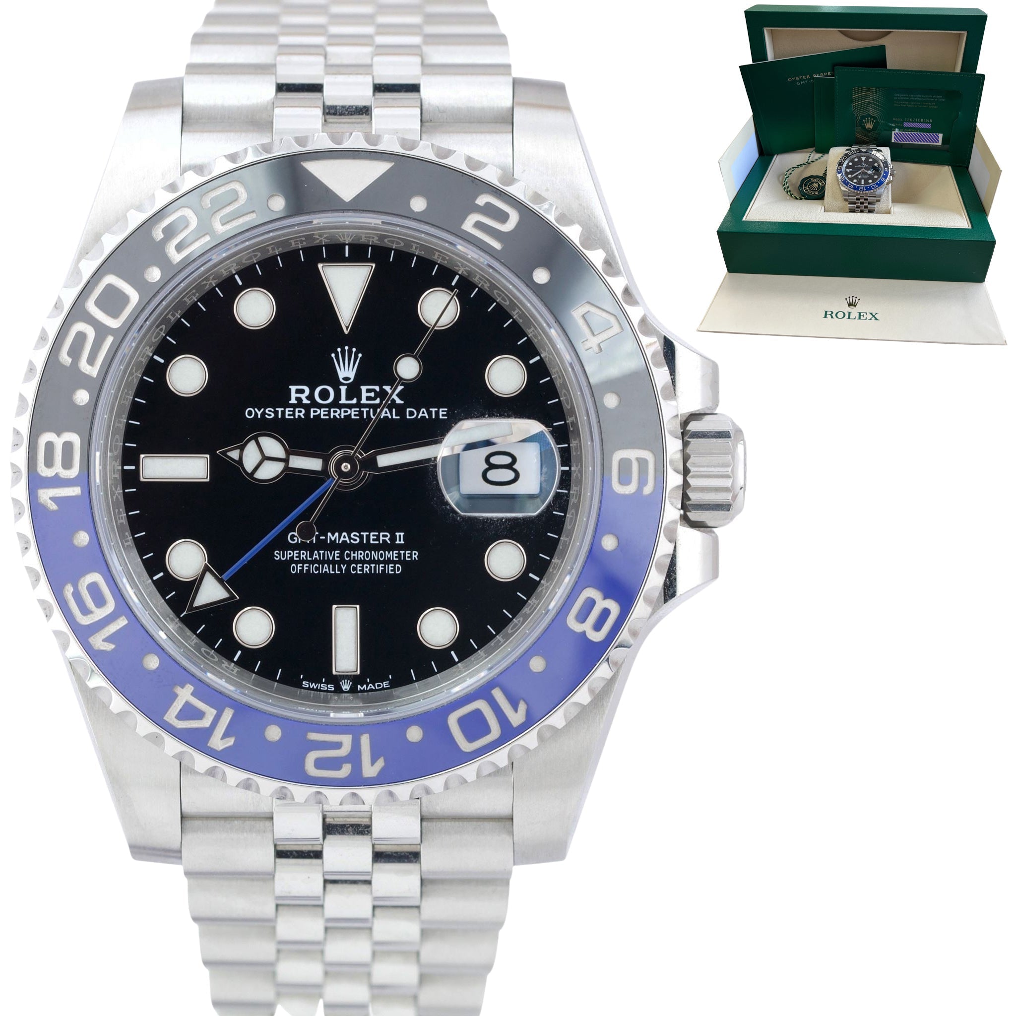 2021 MINT NEW CARD Rolex GMT Master II Batman JUBILEE 40mm 126710 BLNR CollectorsWatches