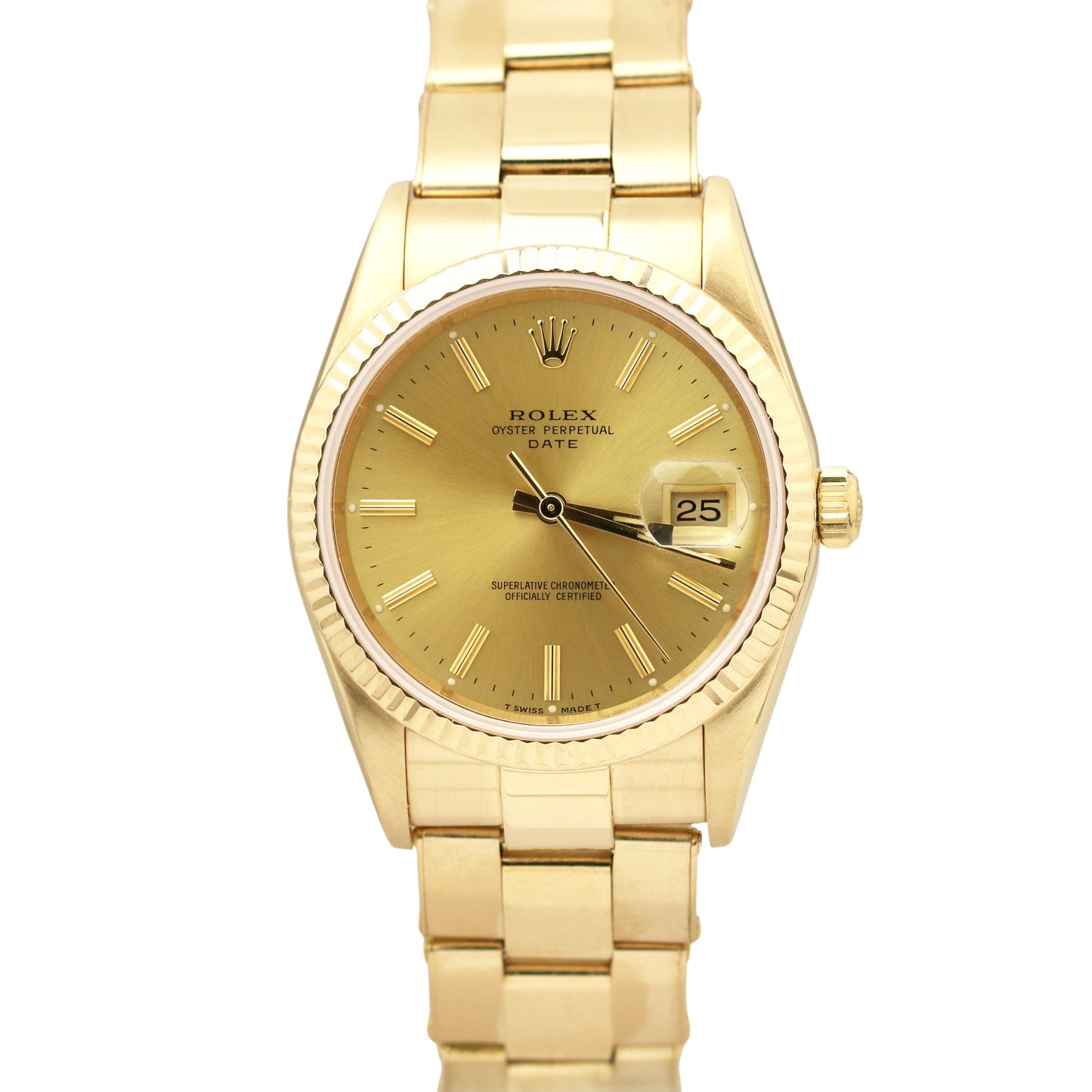 Rolex Oyster Perpetual Date 34mm Champagne Yellow Gold Oyster Watch 15238 BOX