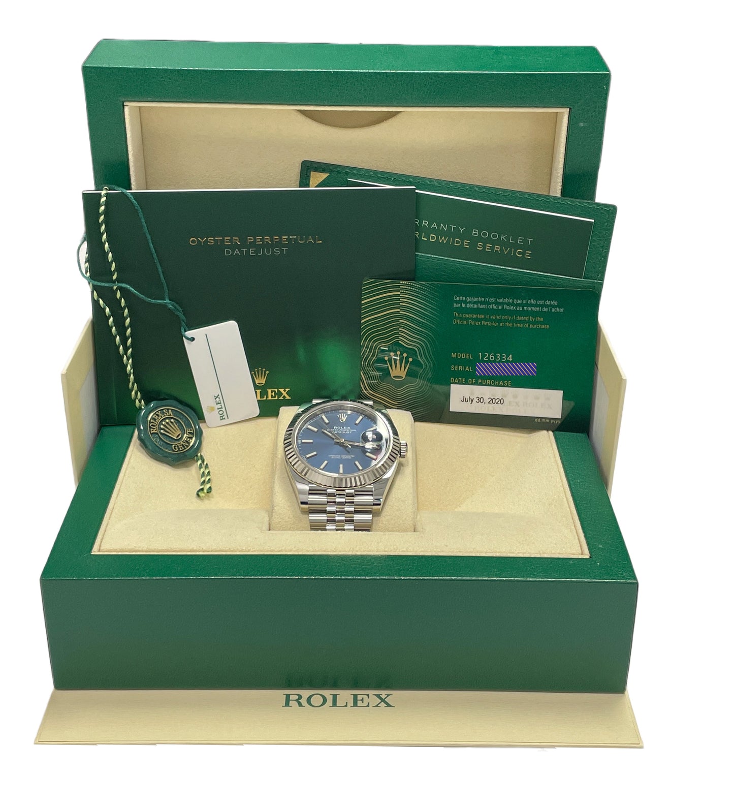 UNWORN Rolex DateJust BLUE Stainless 18K White Gold JUBILEE 126334 41mm Watch BP