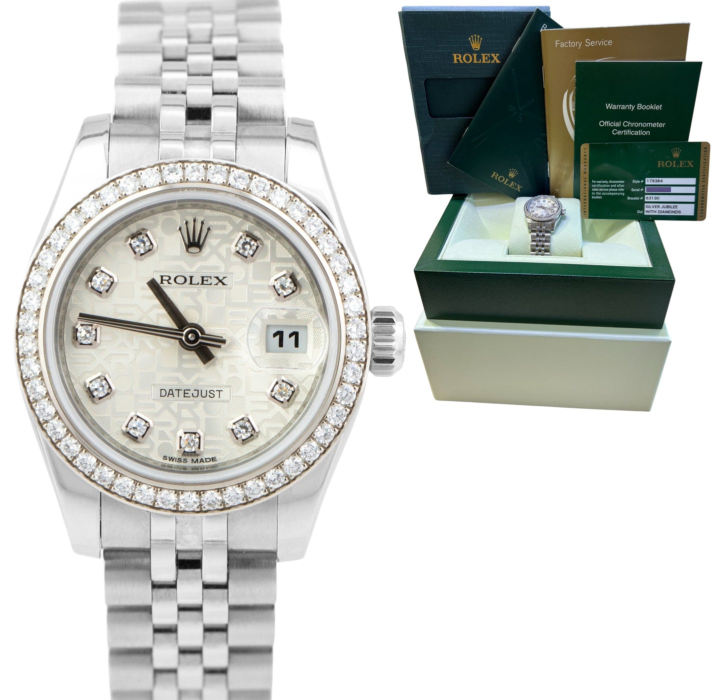 FACTORY 2013 Rolex DateJust 26 Diamond 26mm 179384 Silver Jubilee Ladies Watch