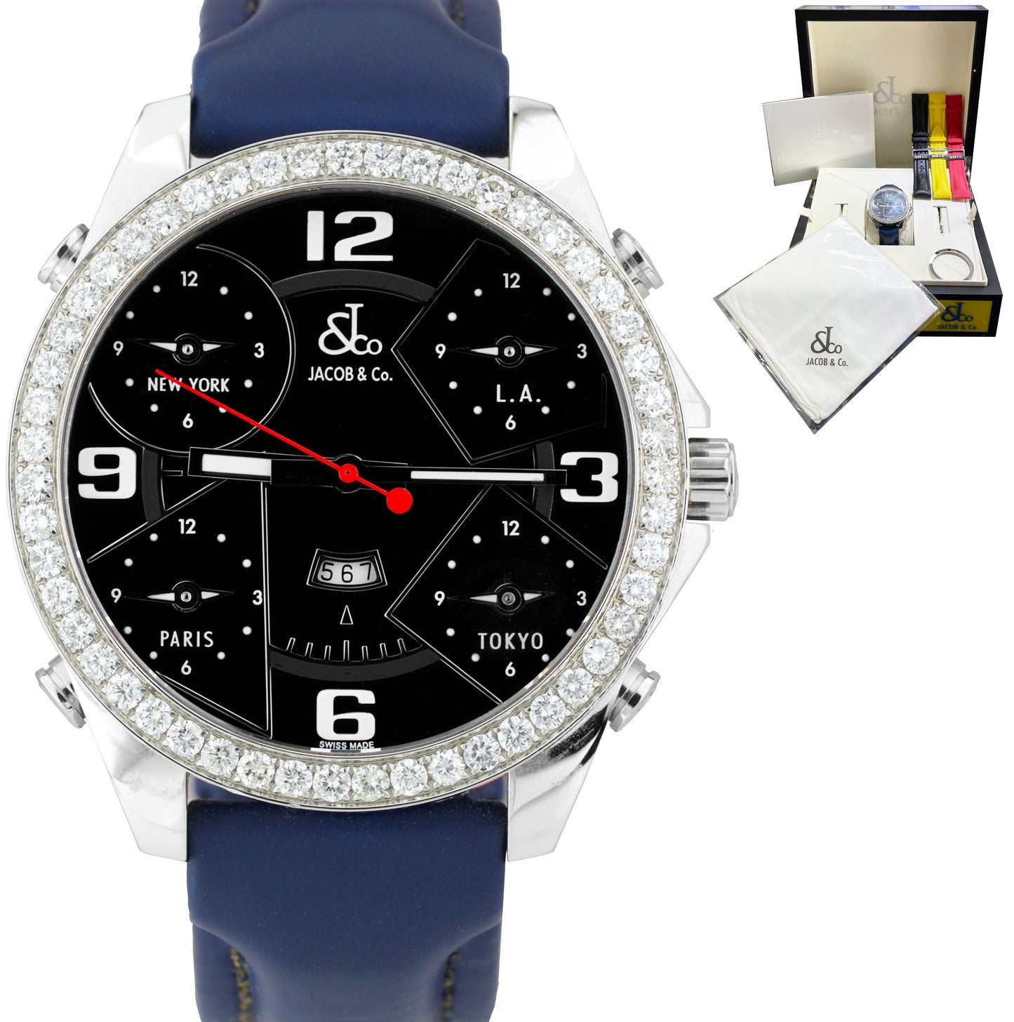 Jacob & Co. Five Time Zones DIAMOND BEZEL Black Dial 48mm Stainless Steel Watch