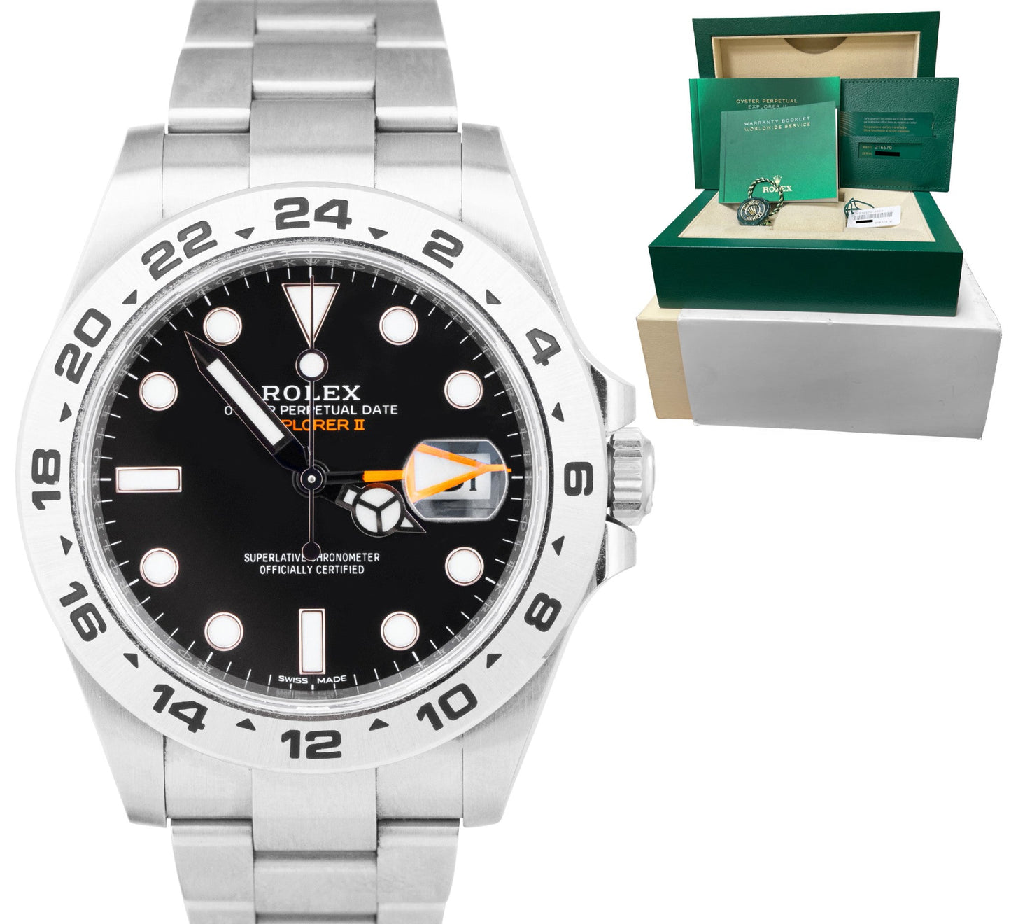 2021 Rolex Explorer II Black Orange Stainless GMT 42mm Date Watch 216570 B+P