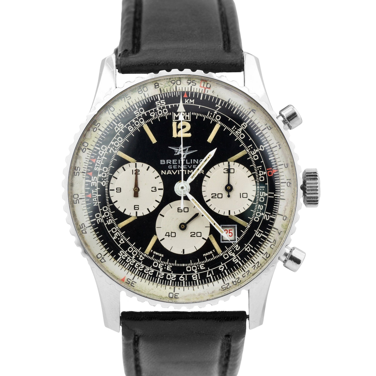 Vintage Breitling Navitimer 7806 Black Stainless Steel Manual 41mm Leather Watch