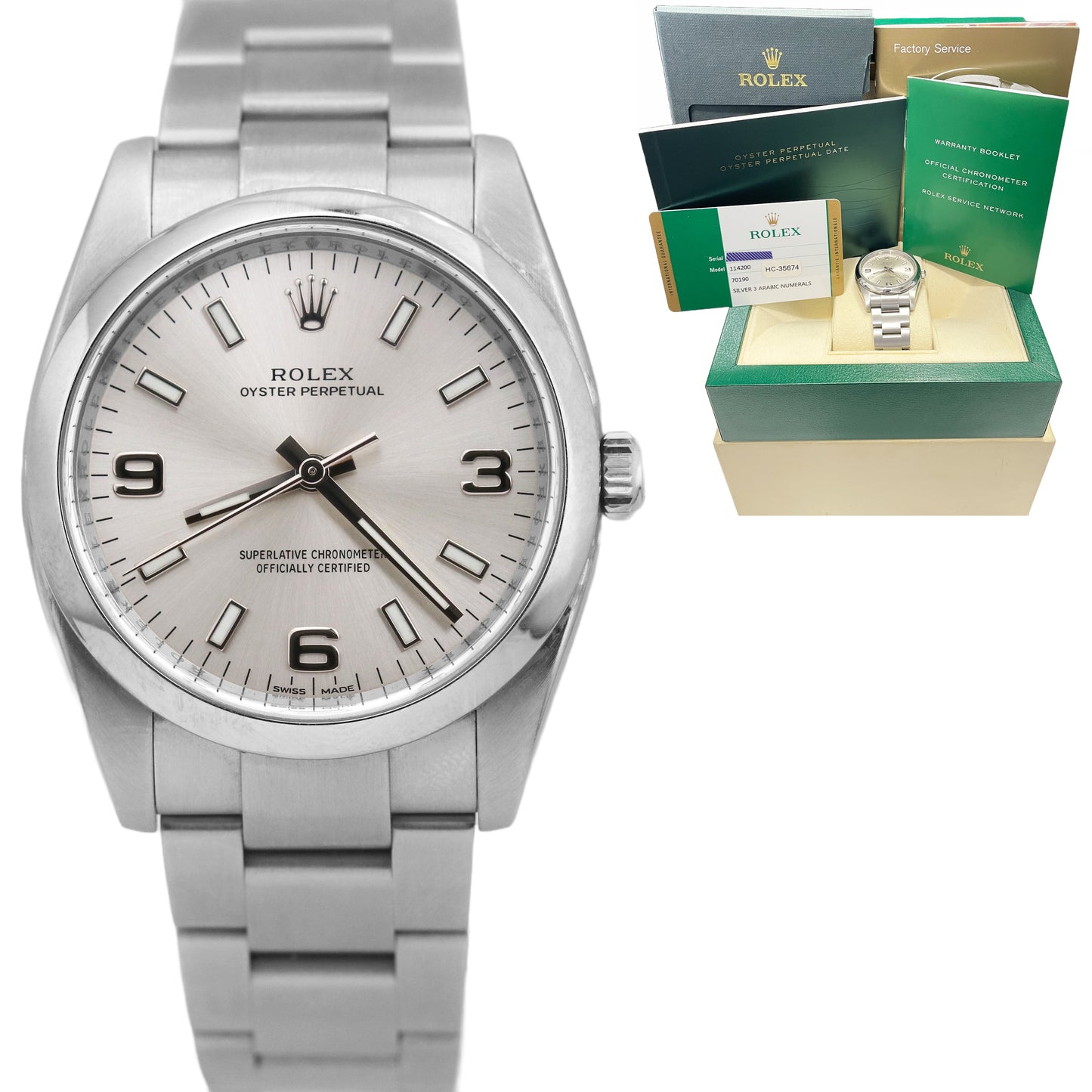 2015 Rolex Oyster Perpetual Silver 3-6-9 Dial Stainless Steel 34mm Watch 114200