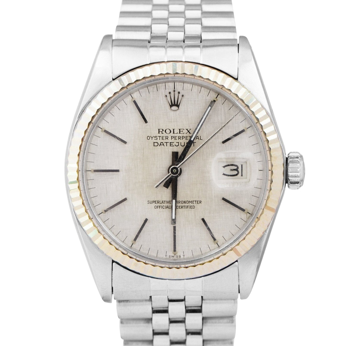 Rolex DateJust 36mm Silver Linen Jubilee Fluted Stainless Steel Watch 16014