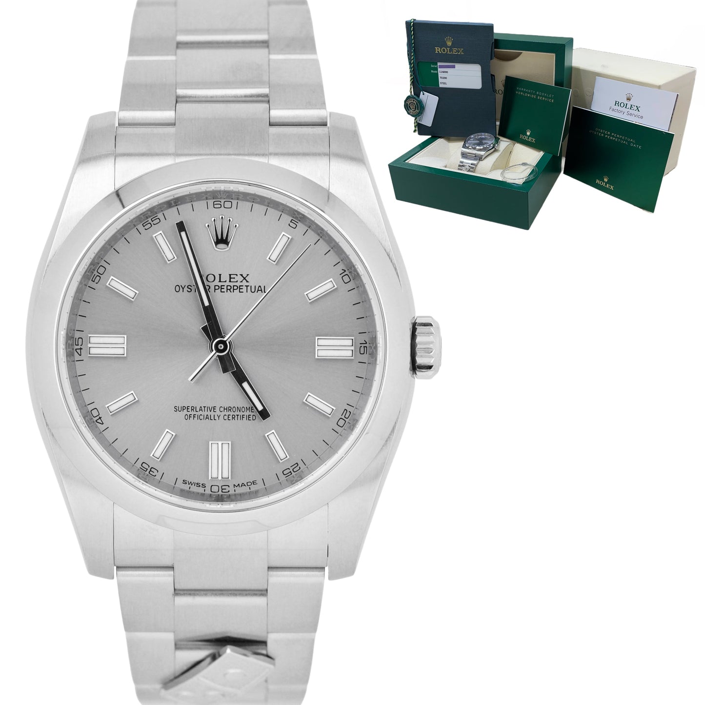 MINT Rolex Oyster Perpetual 36mm Stainless Steel Silver Domino Watch 116000 B&P