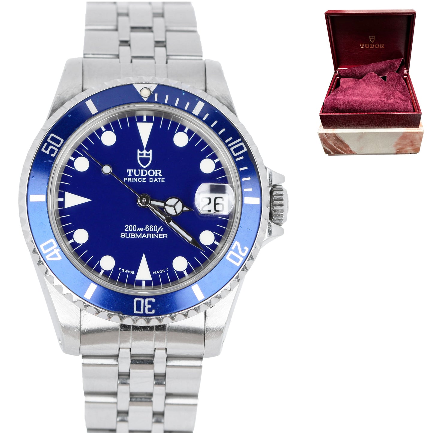 Vintage Tudor Submariner 75190 Prince Date Blue Matte Dial 36mm Automatic Watch