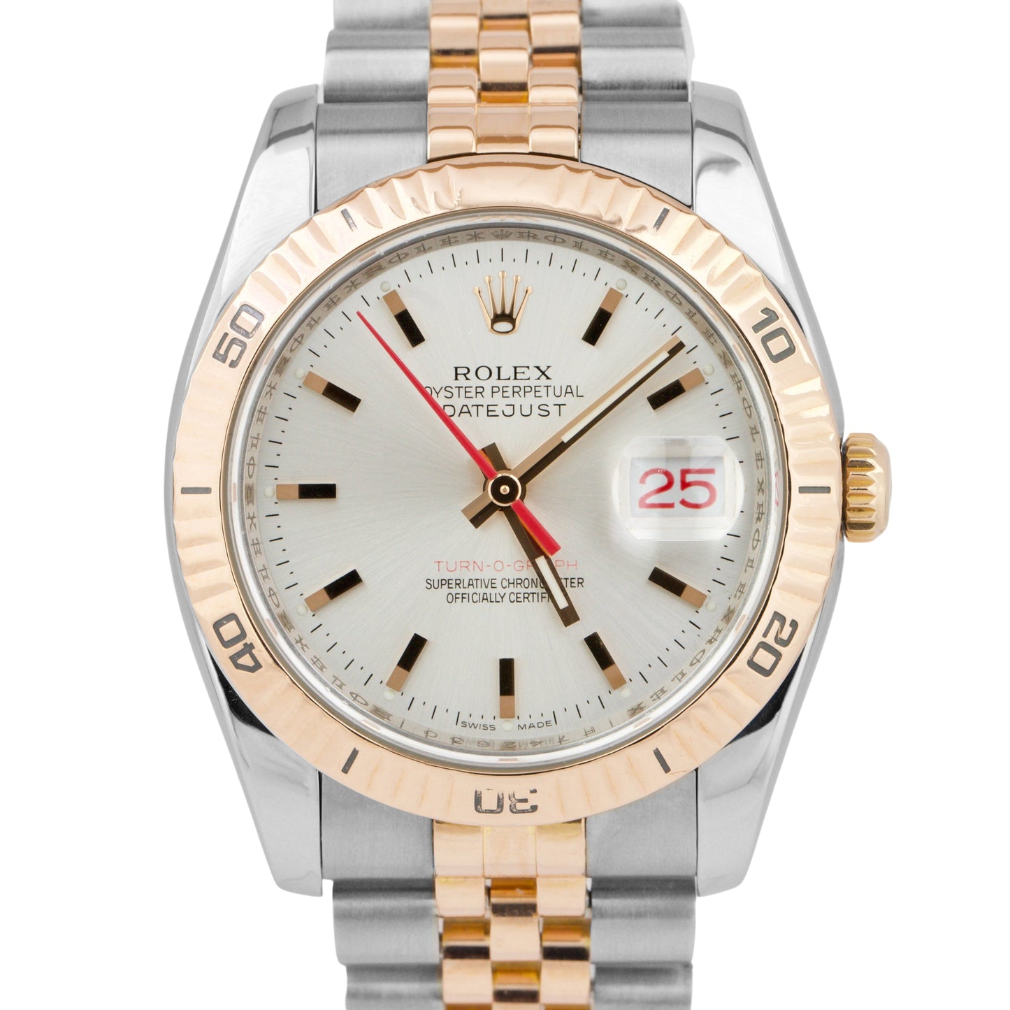 Rolex DateJust 116263 SILVER Turn-O-Graph JUBILEE 36mm Two-Tone Rose Gold Watch